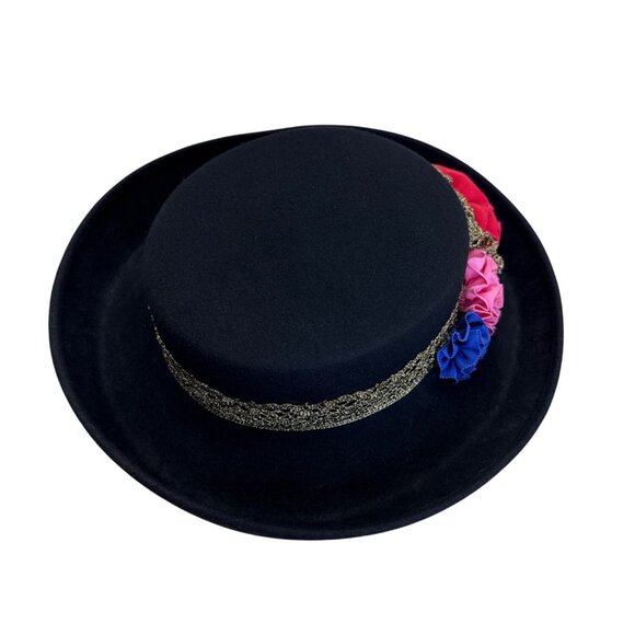 Black Felt Hat W/ Gold Lace Band & Colorful Fabric Flowers Bollman Hat Co - Picture 1 of 9